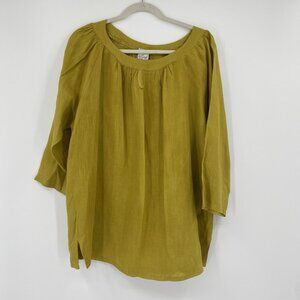 Match Point USA Size Large Linen 3/4 Sleeve Scoop Neck Yellow Green Tunic Top